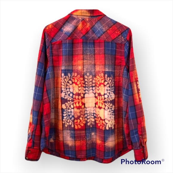 Bleach Splatter Merona Plaid Shirt Custom Up cycled Red Blue, WM SZ XXL Awesome - Picture 9 of 15